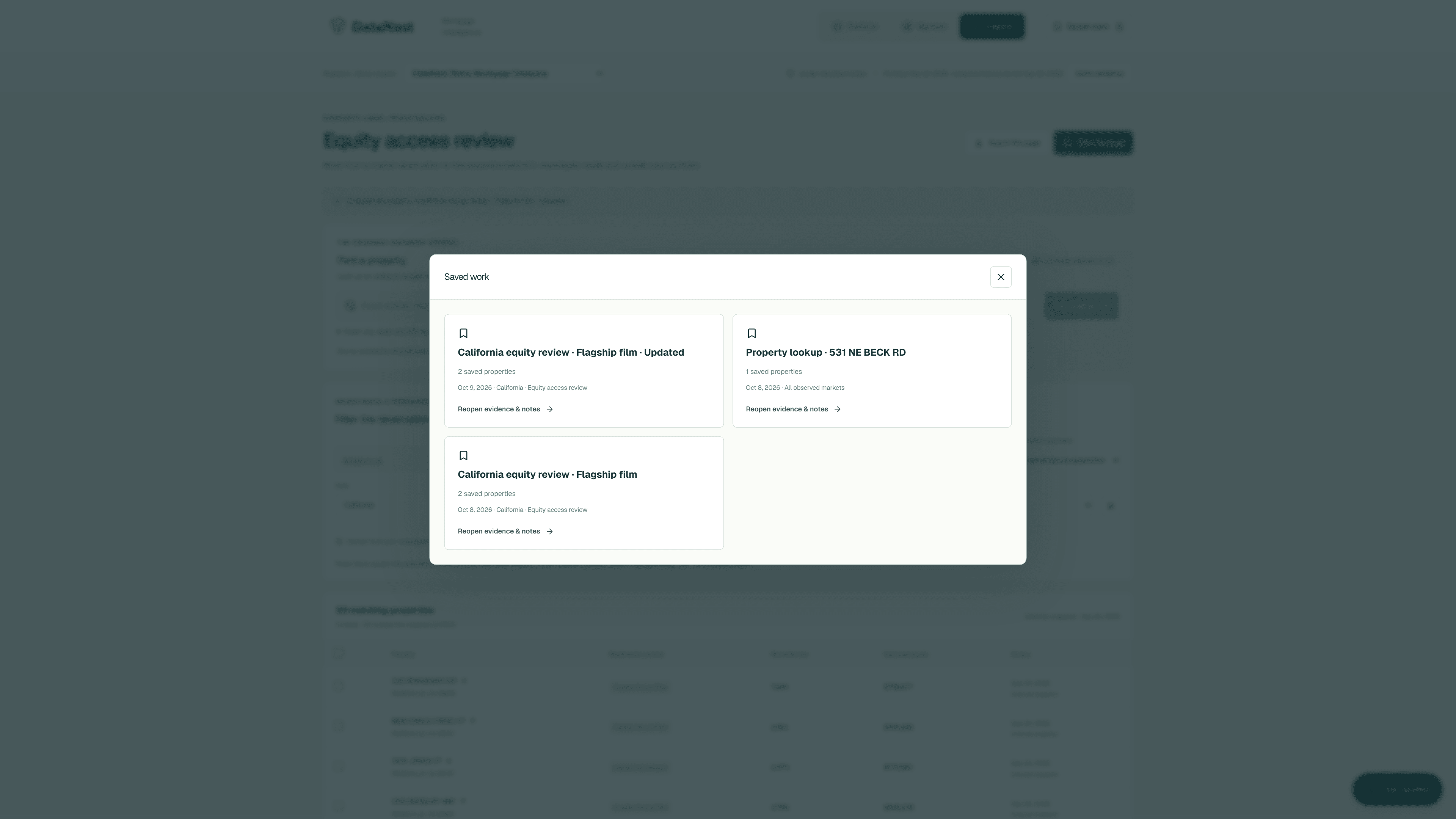 Saved DataNest Demo lists with captured evidence, notes and review dispositions